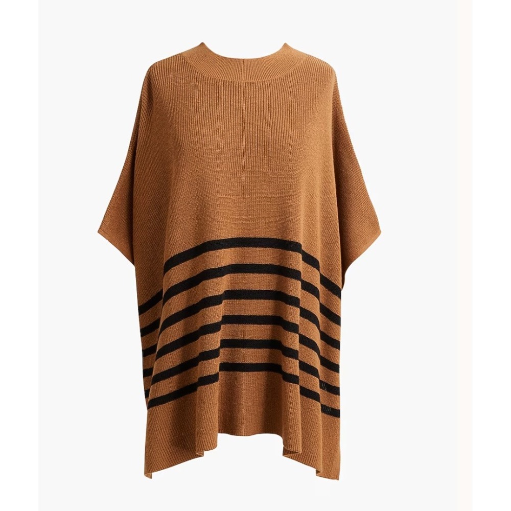 J.Crew Factory Striped Poncho Sweater Heather Camel Black‎ Cotton Wool OS Cozy